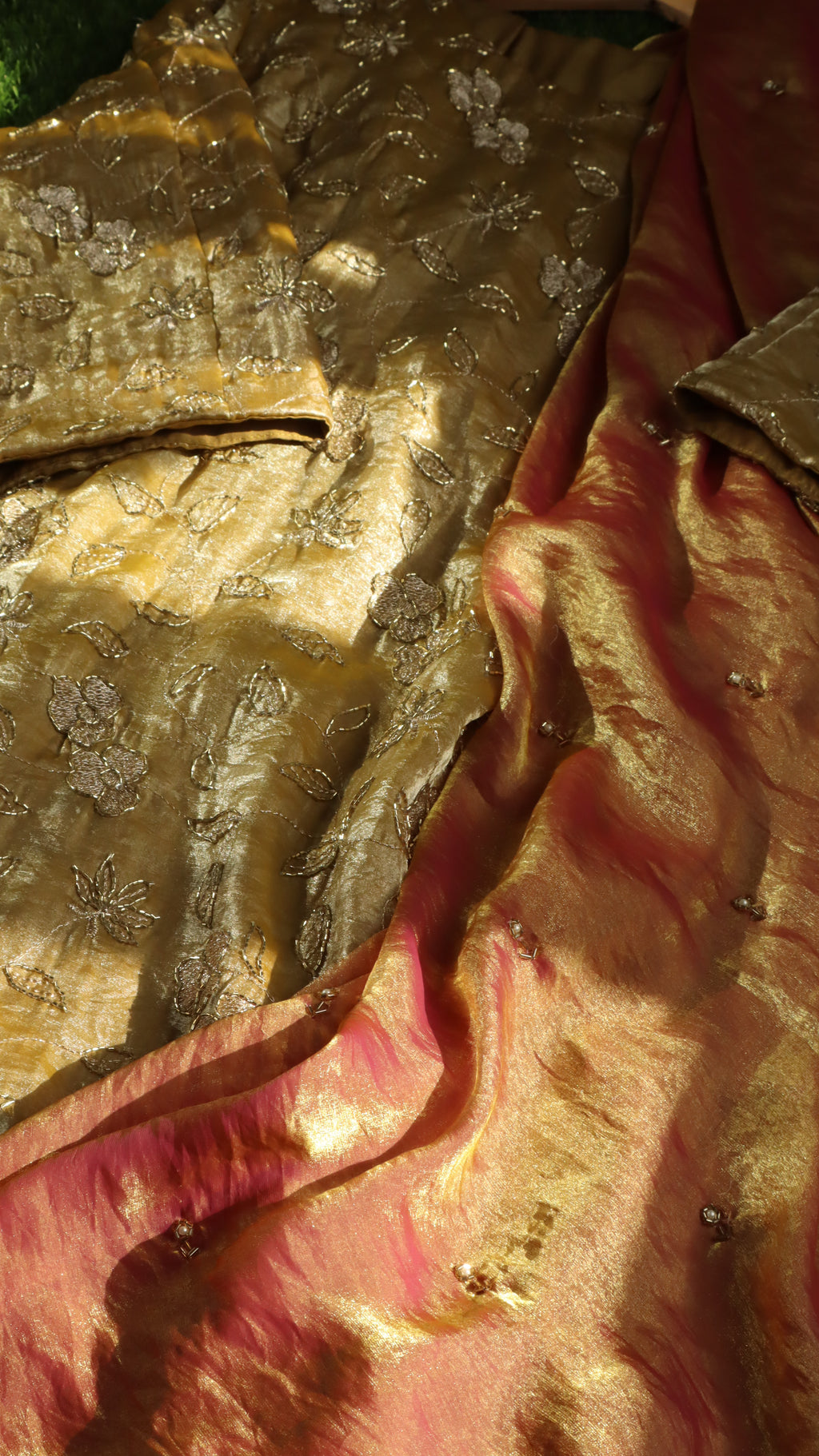 Champagne Gold Embroidered Tissue Silk Set