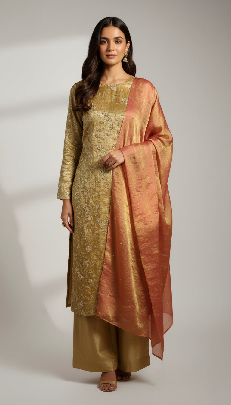 Champagne Gold Embroidered Tissue Silk Set