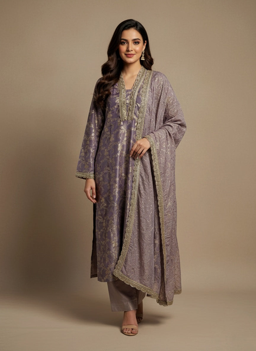 Lilac Brocade Ensemble with Hand-Embellished Dupatta