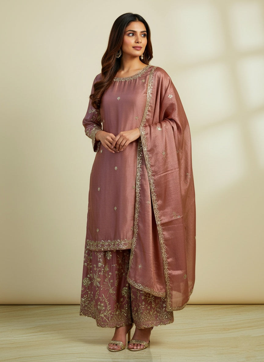 Dusty Rose Semi-Silk Suit with Sequin Embroidered Detailing