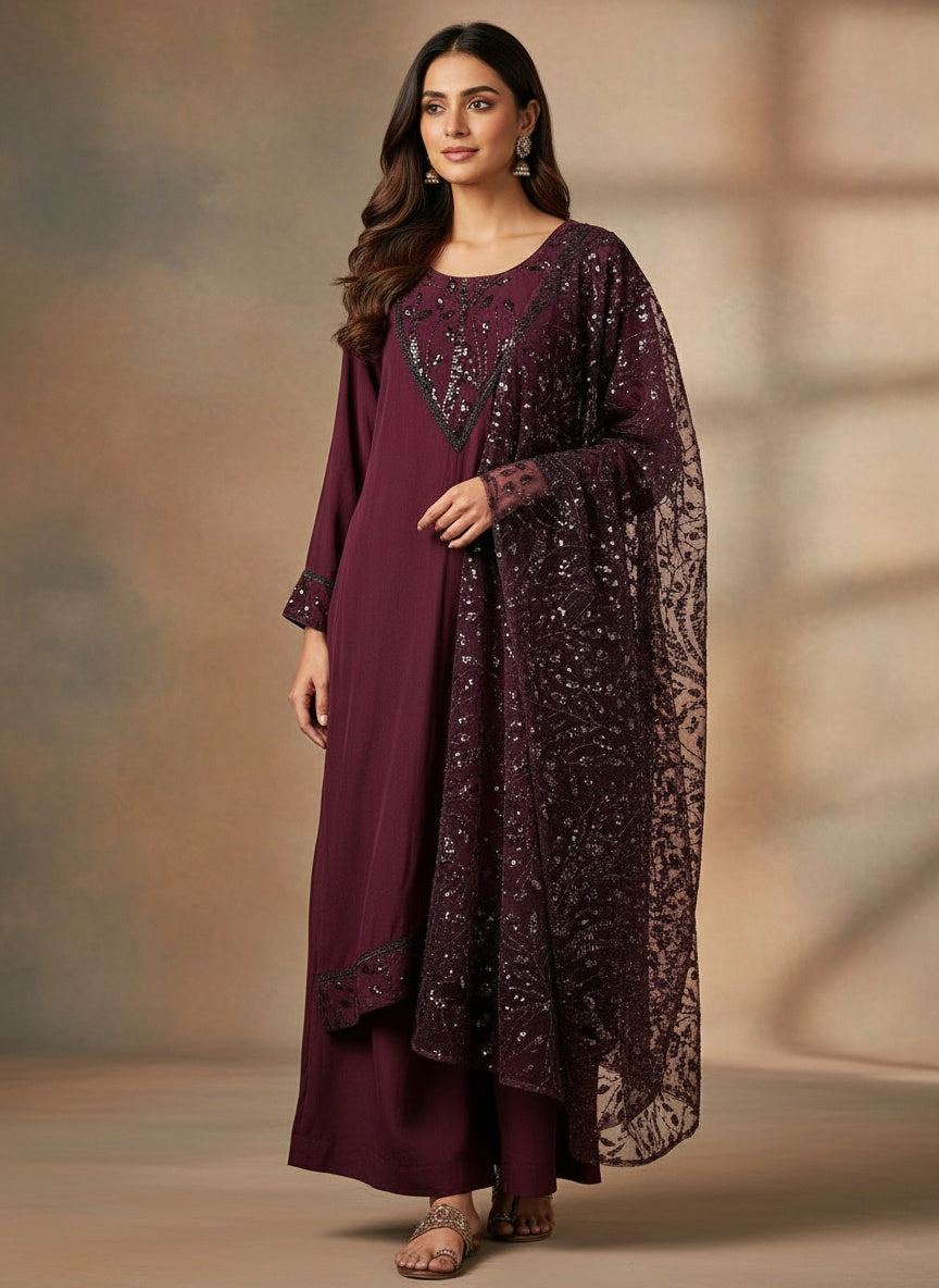 Deep Wine Natural Crepe Ensemble with Intricate Sequin Detailing