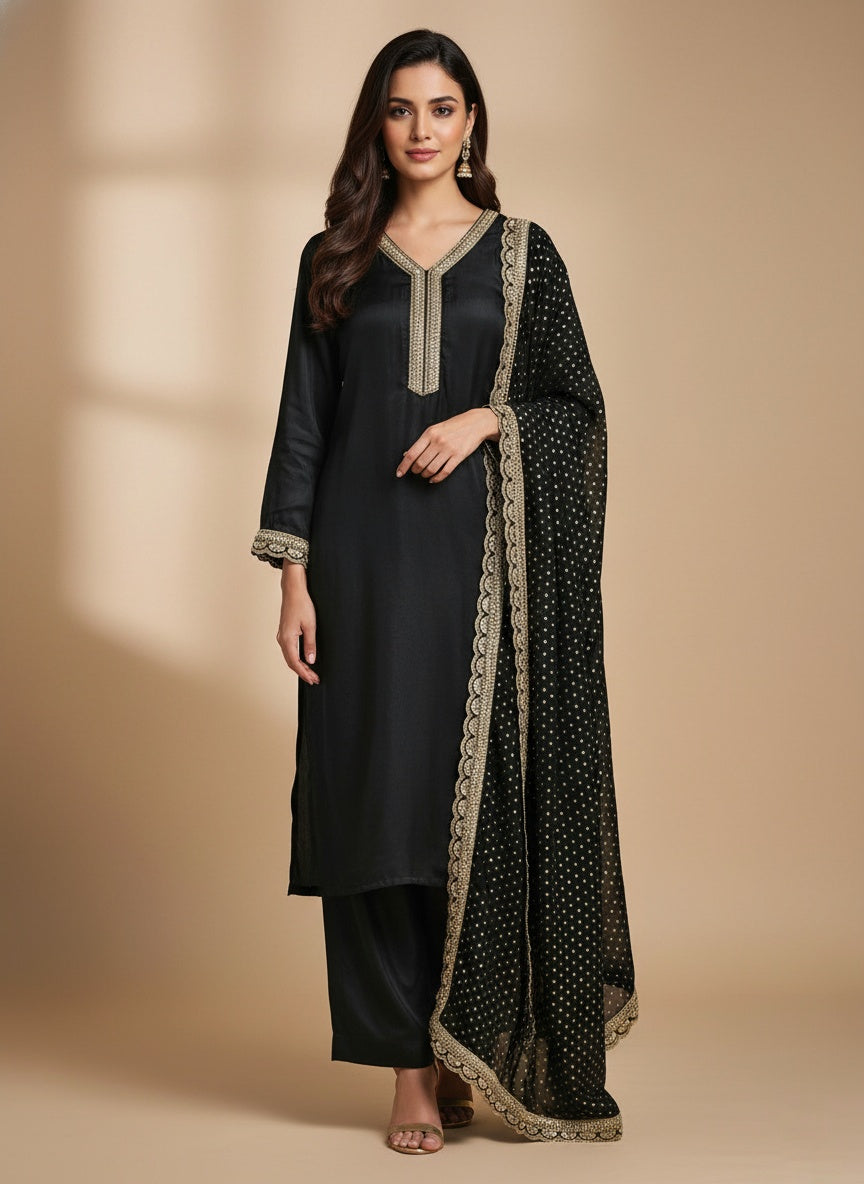 Black Natural Crepe Suit with Embroidered Chiffon Dupatta
