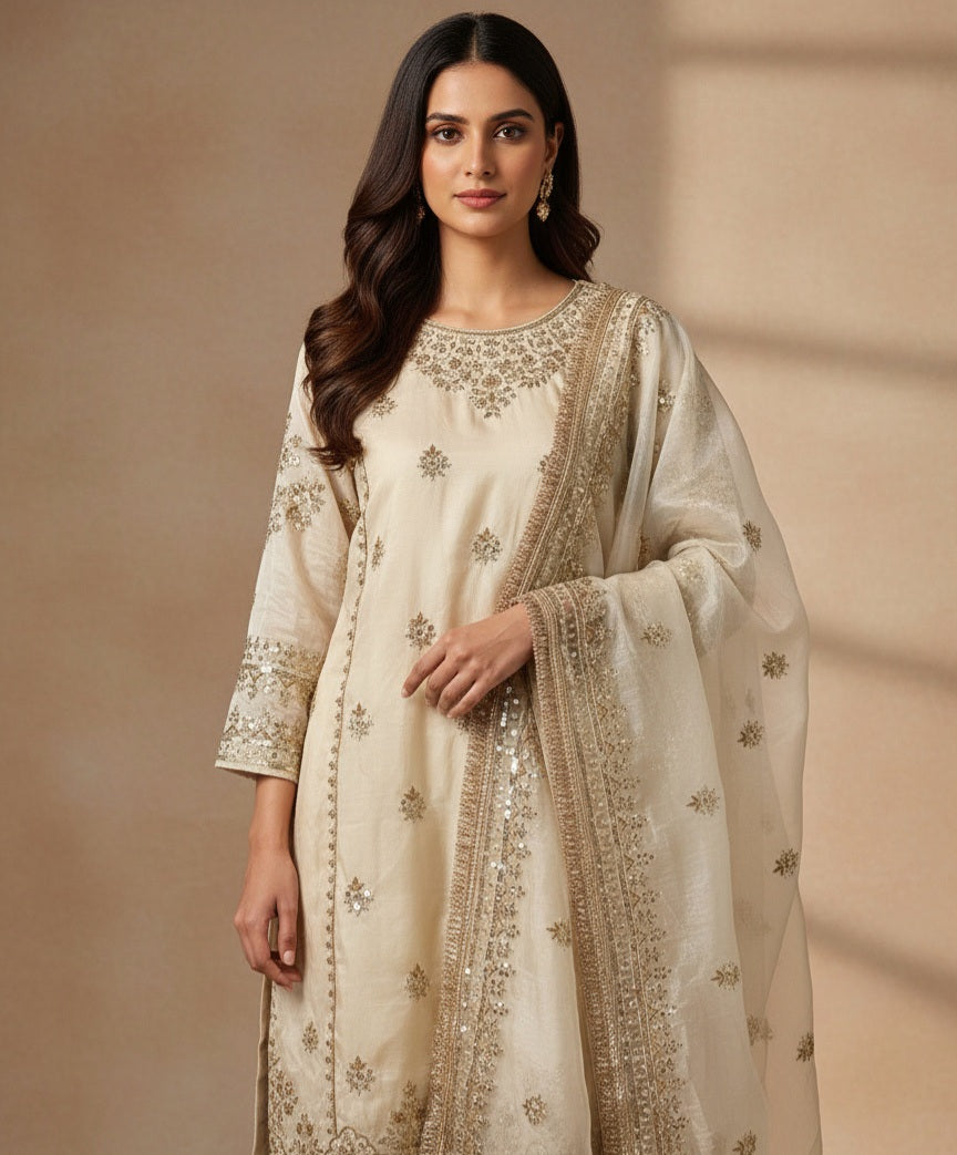 A timeless gold-beige ensemble