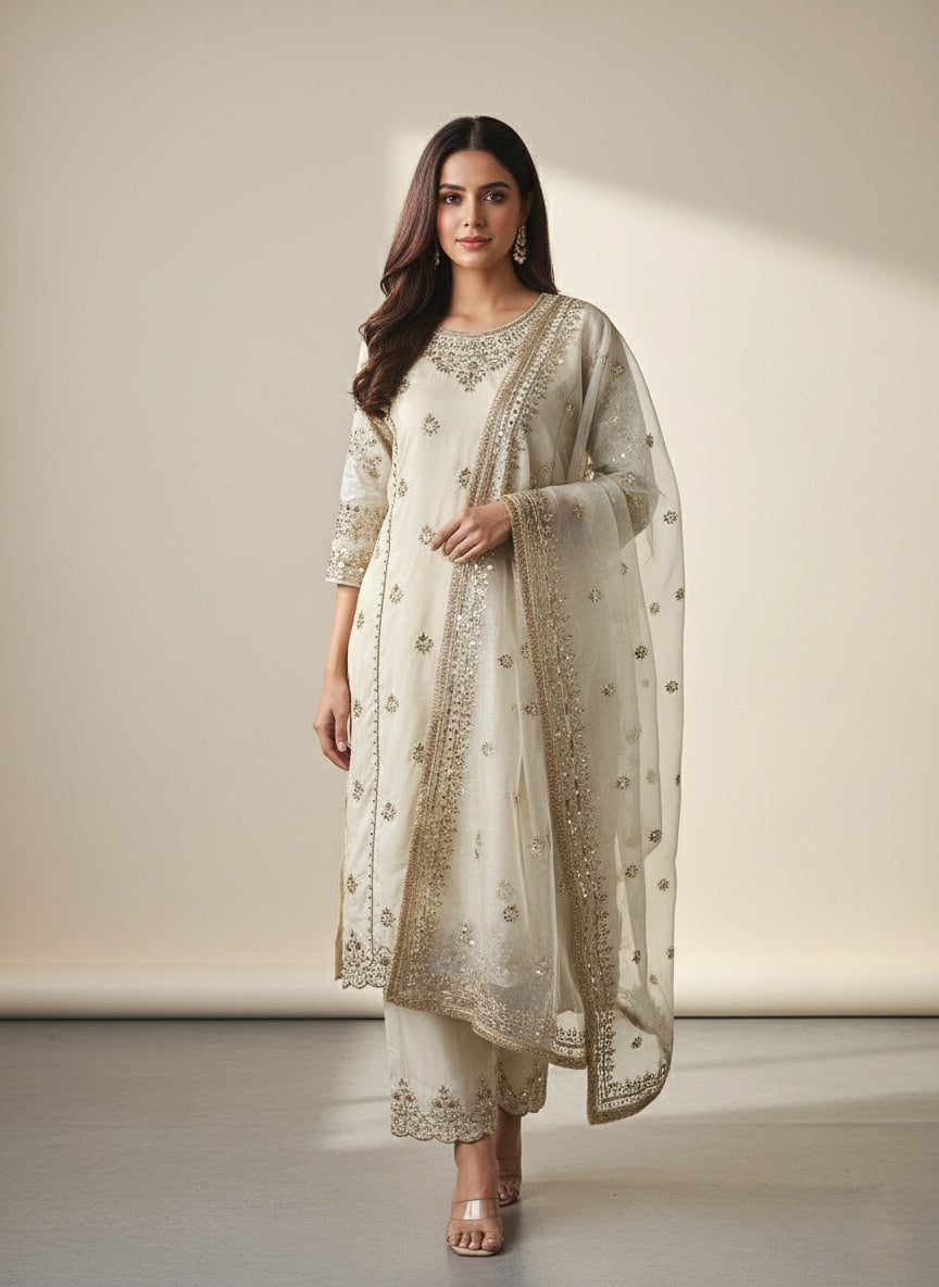 A timeless gold-beige ensemble