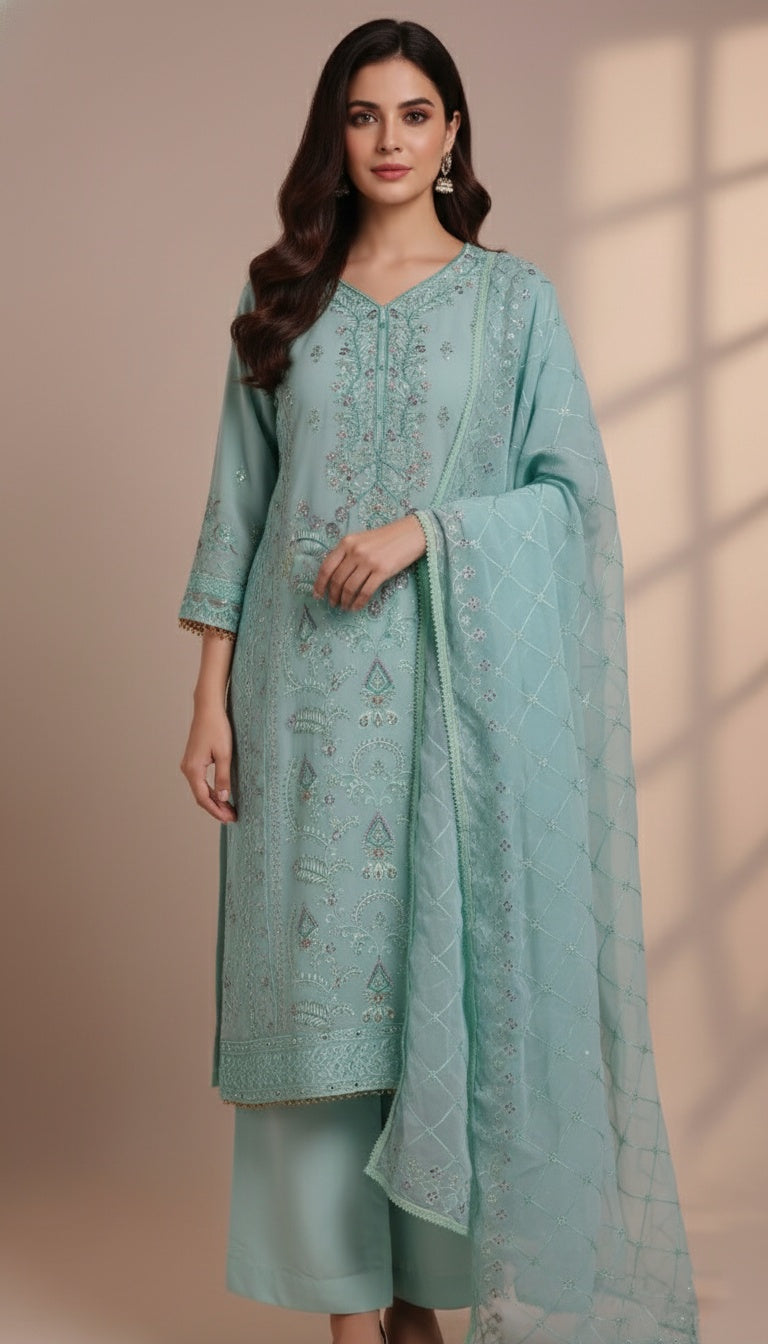 Serene Aqua Embroidered Chiffon Ensemble