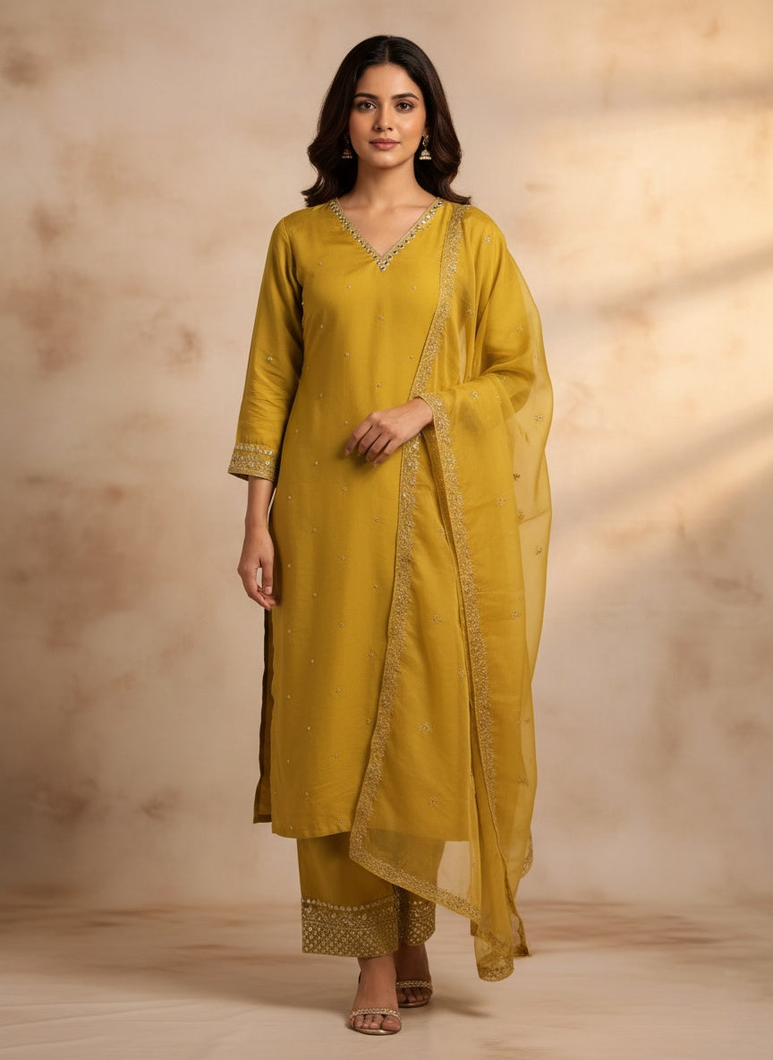 Mustard Gold Hand-Embroidered Semi-Silk Ensemble