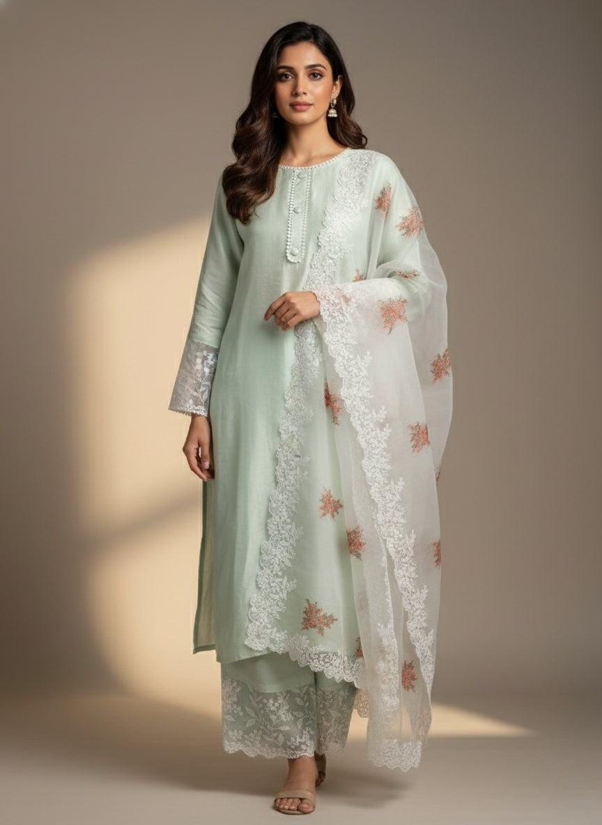 Mint Green Embroidered Semi-Silk Ensemble