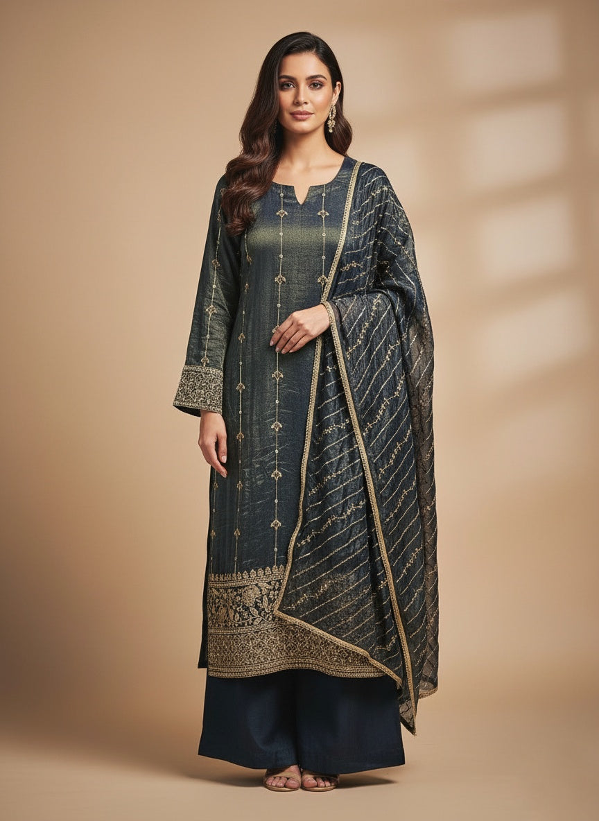 Midnight Blue and Gold Embroidered Ensemble
