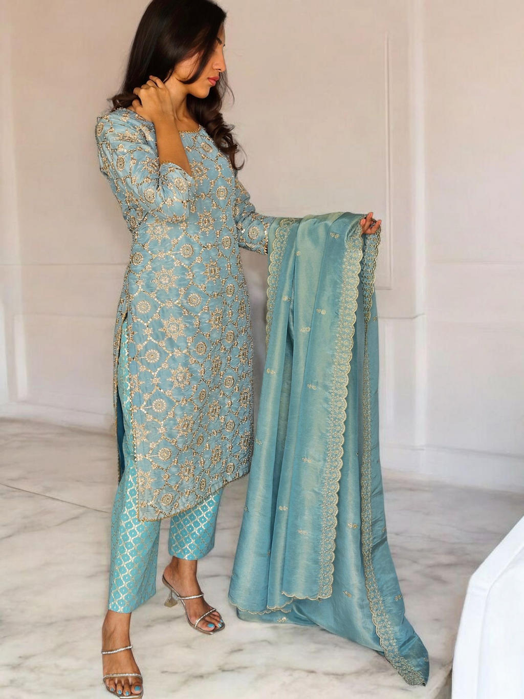 Powder Blue Tissue Suit with Intricate Golden Embroidery