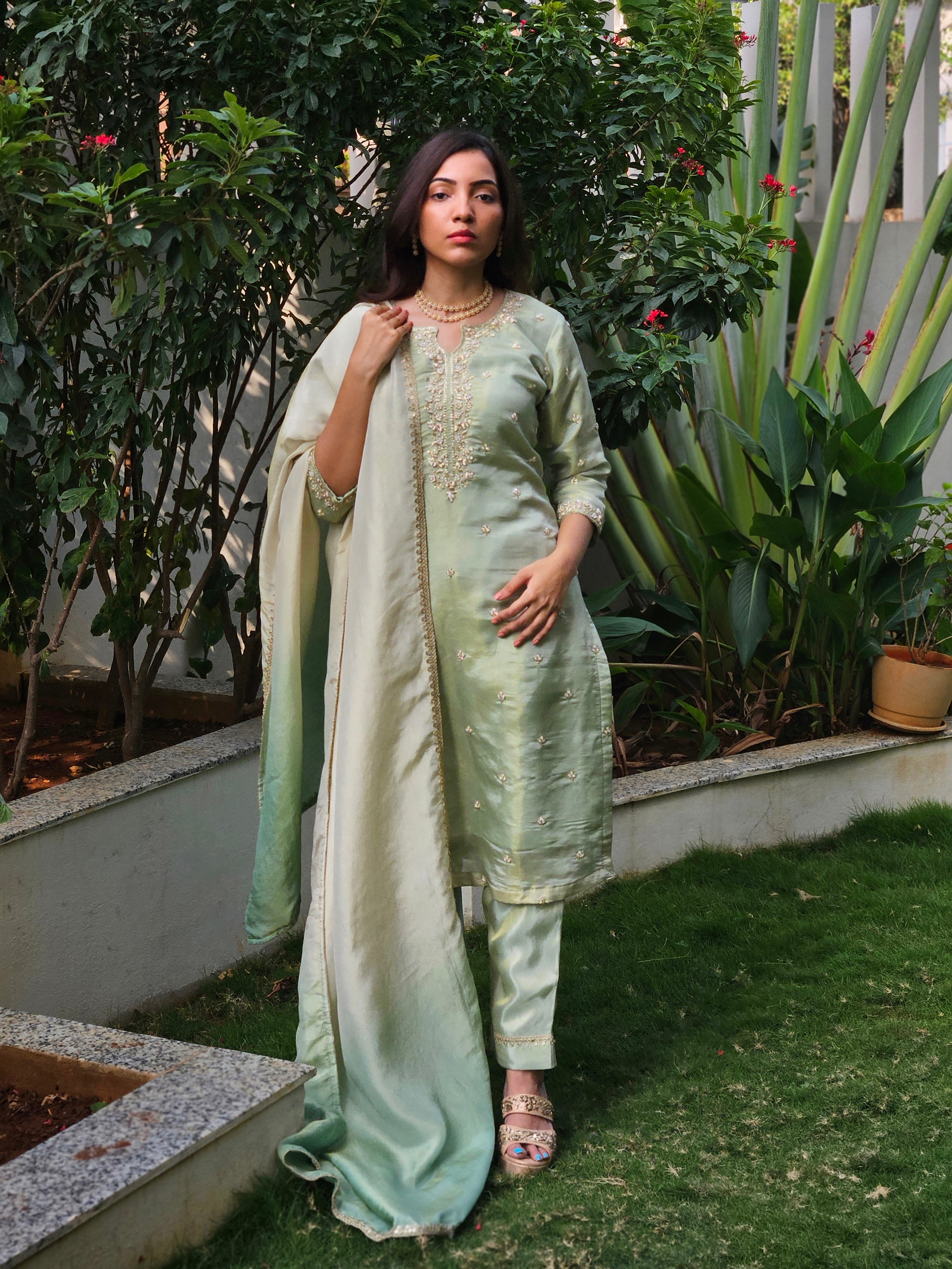 Off-white and Green Dual Toned Suit