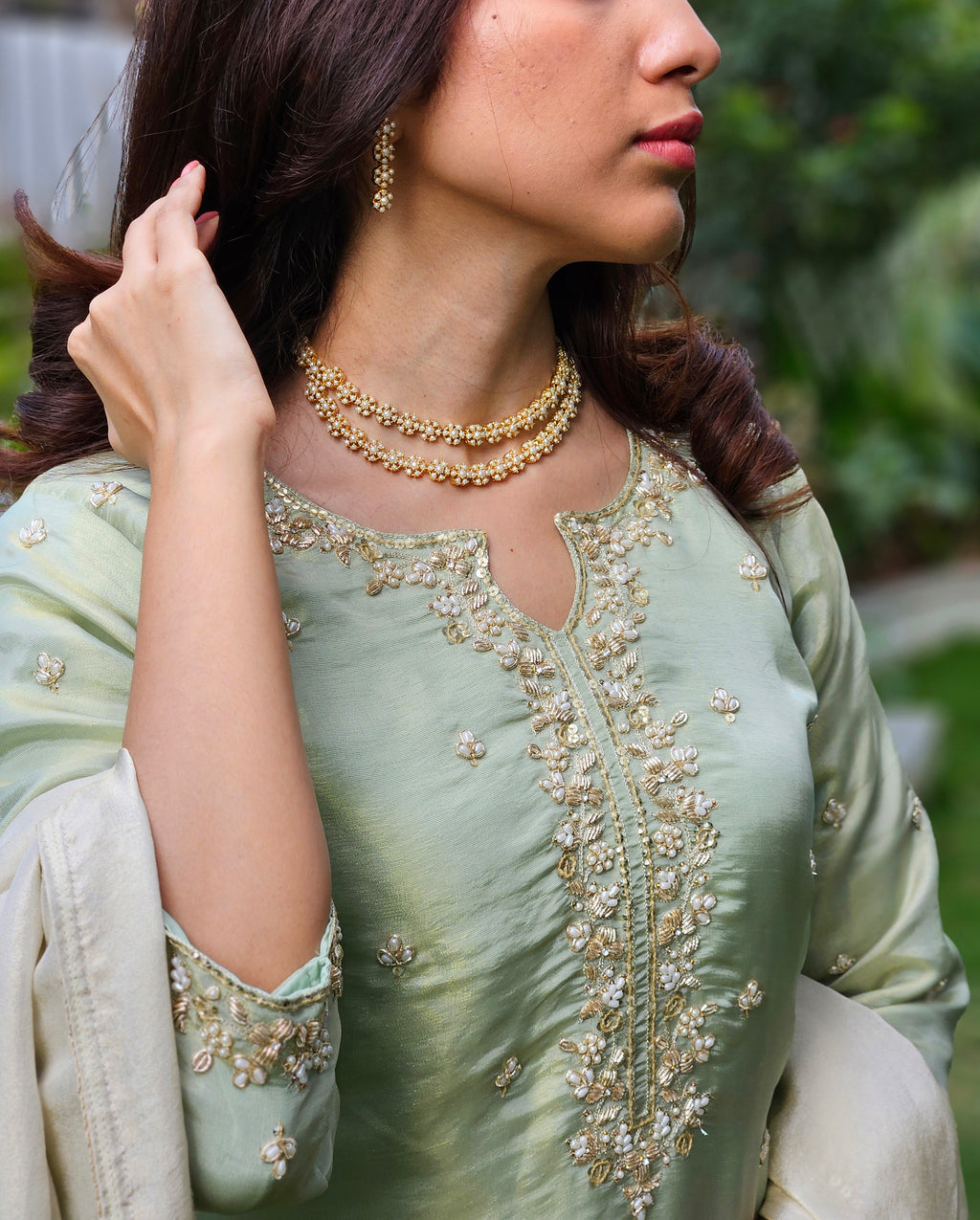 Off-white and Green Dual Toned Suit