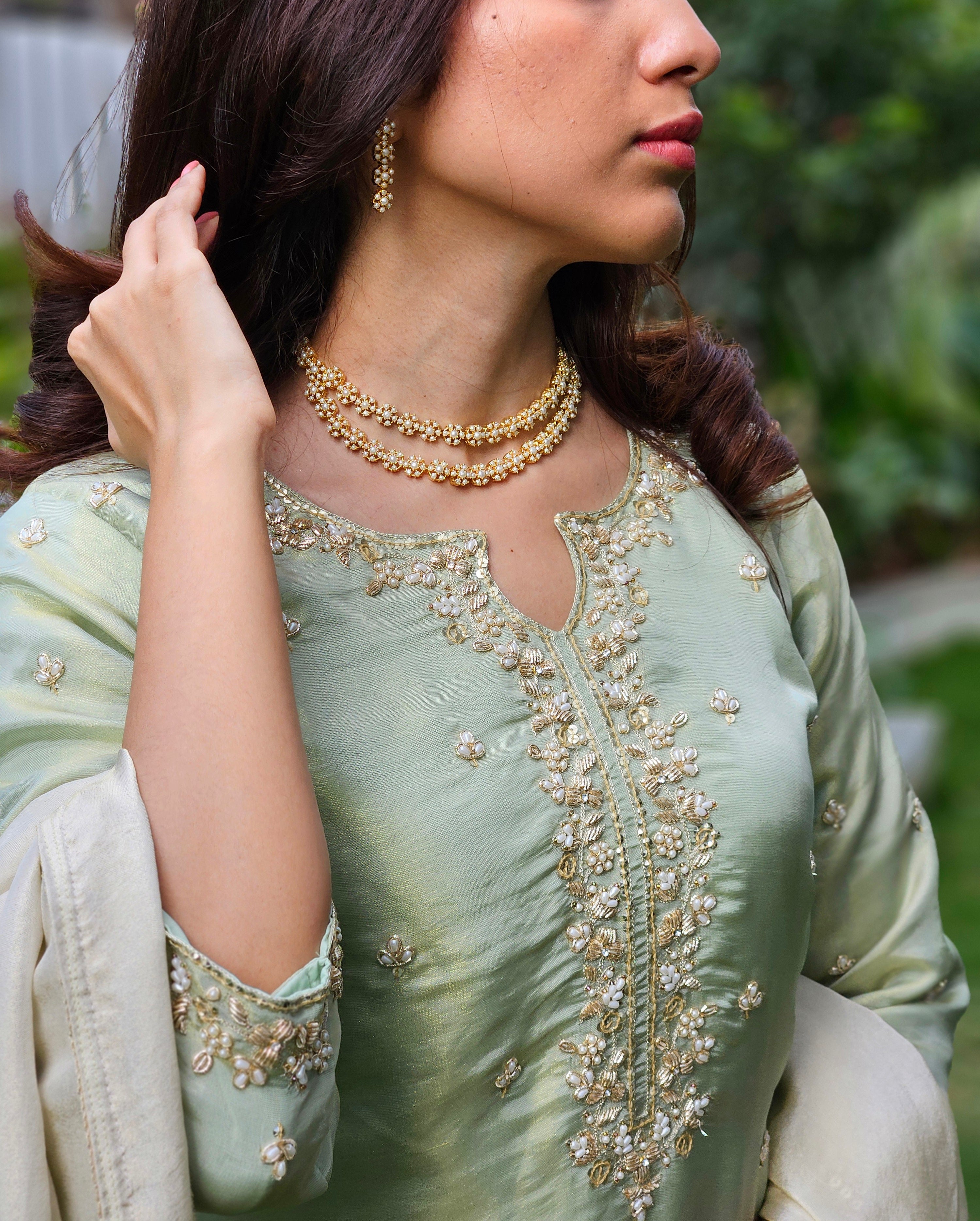 Off-white and Green Dual Toned Suit