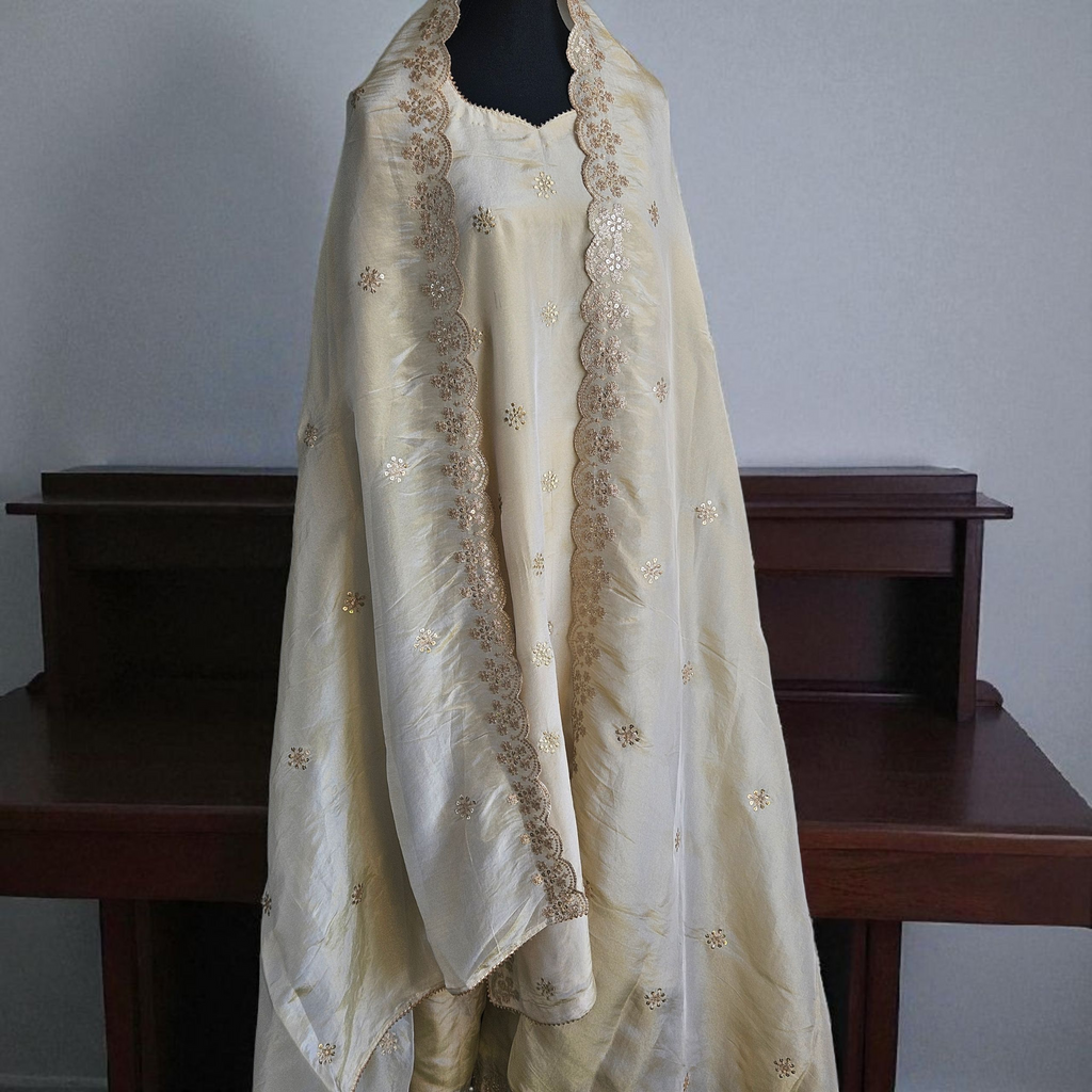 Zeenat Ivory and Gold Tissue Suit
