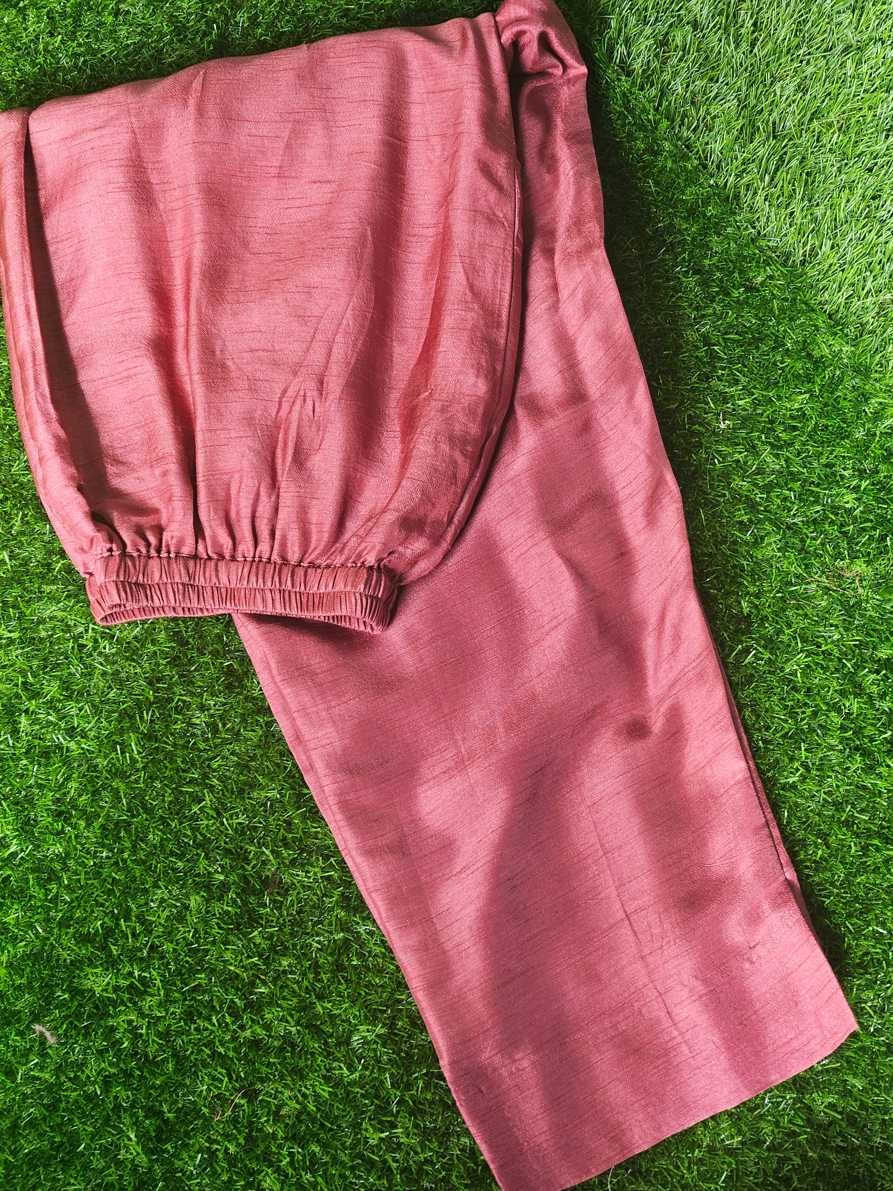 Peach-Pink Tissue Silk Ensemble with Handcrafted Detailing