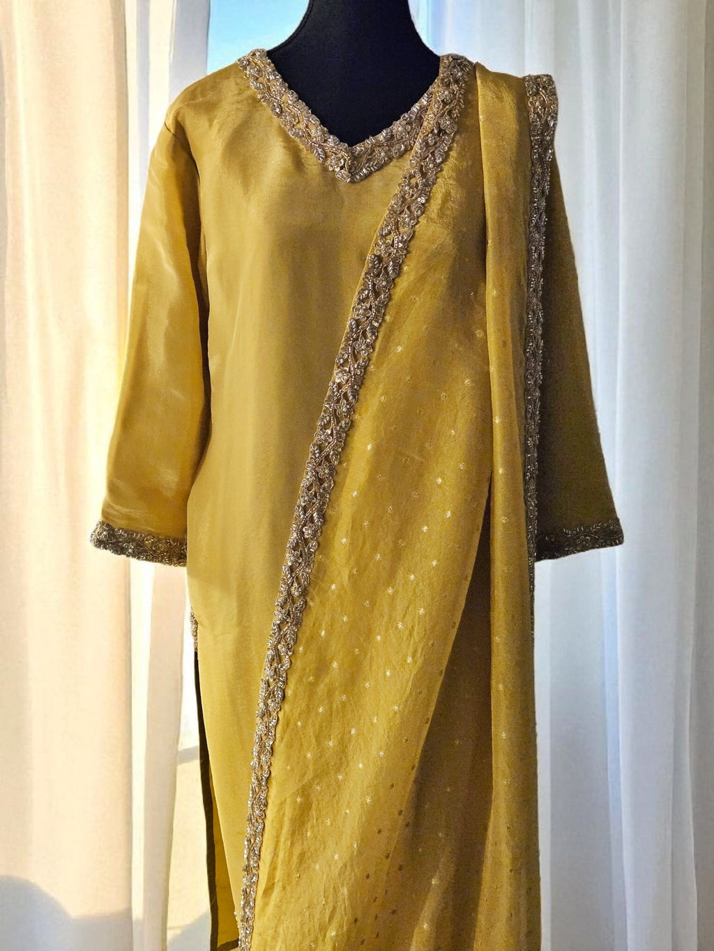 Yellow Tissue Suit with embellished Neckline & Chiffon Dupatta