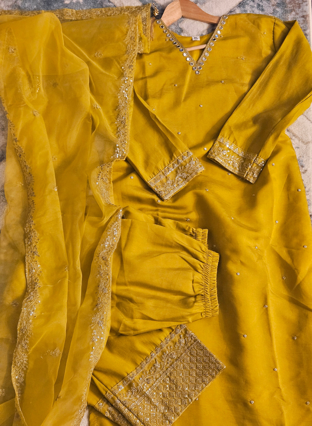 Mustard Gold Hand-Embroidered Semi-Silk Ensemble