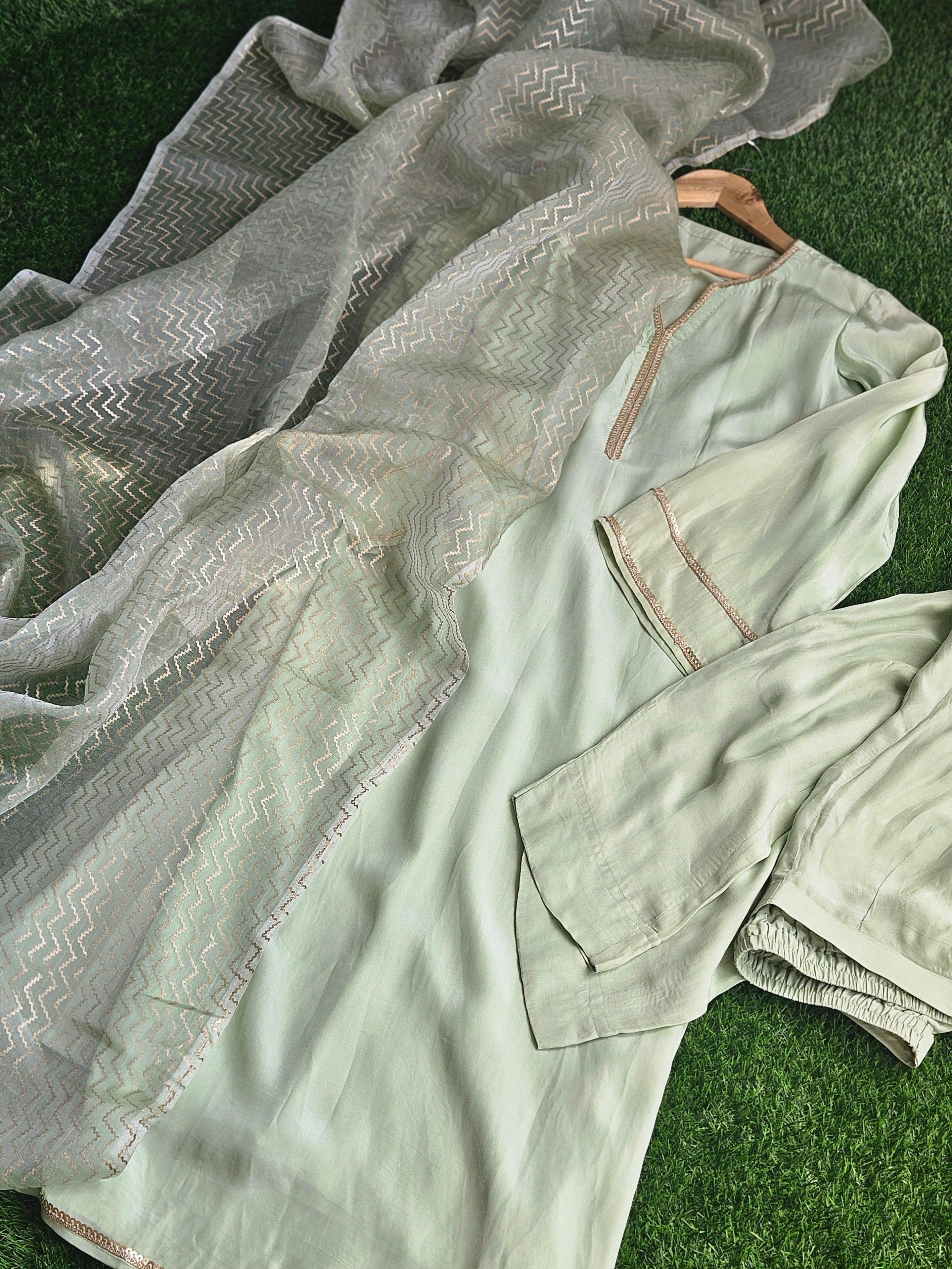 Soft Glow Pastel Green Suit with Organza Dupatta