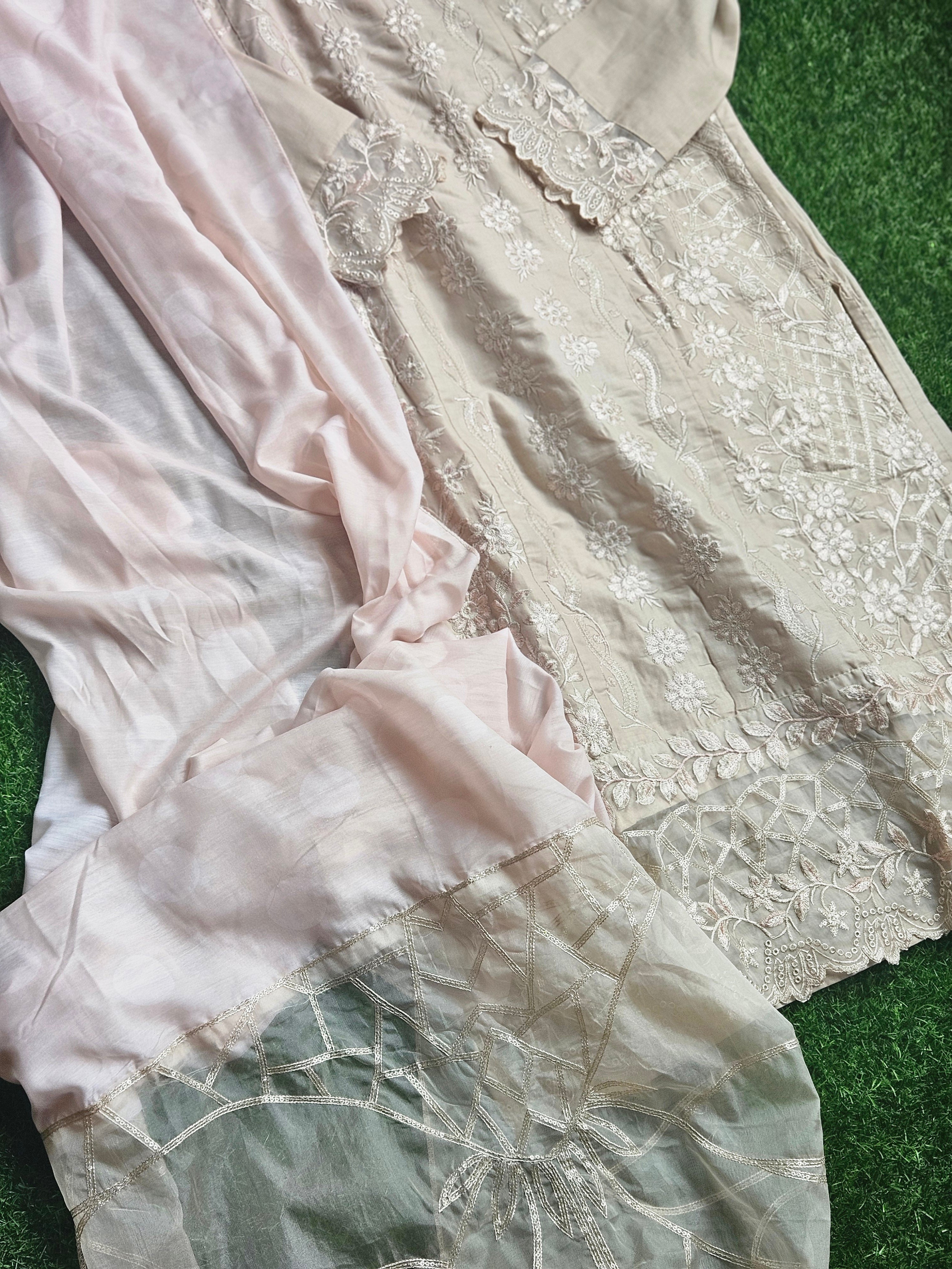 Beige Embroidered Cotton Set