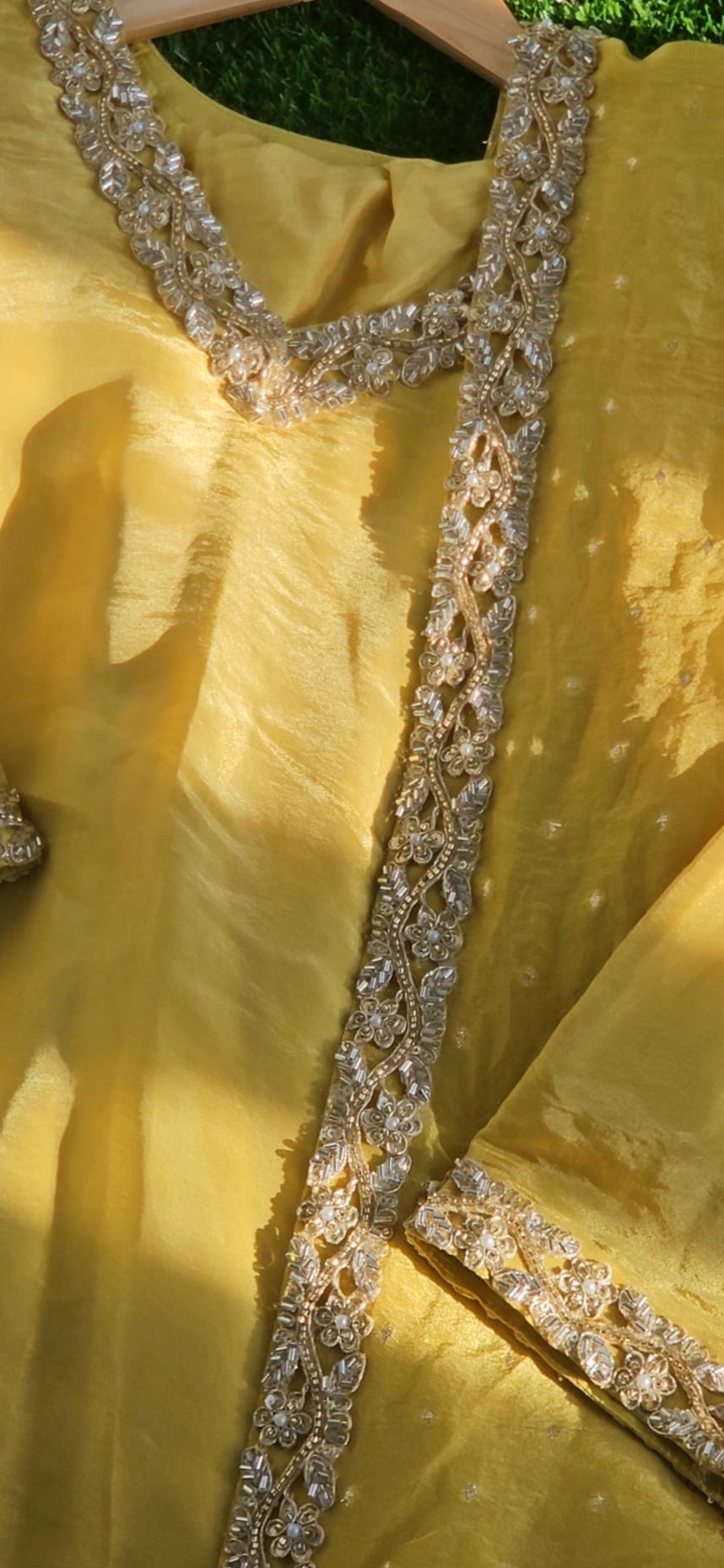 Yellow Tissue Suit with embellished Neckline & Chiffon Dupatta