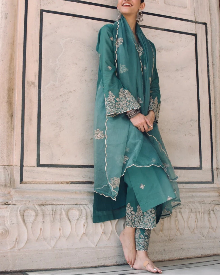 Teal Chanderi Silk Suit with Hand Embroidered Detailing