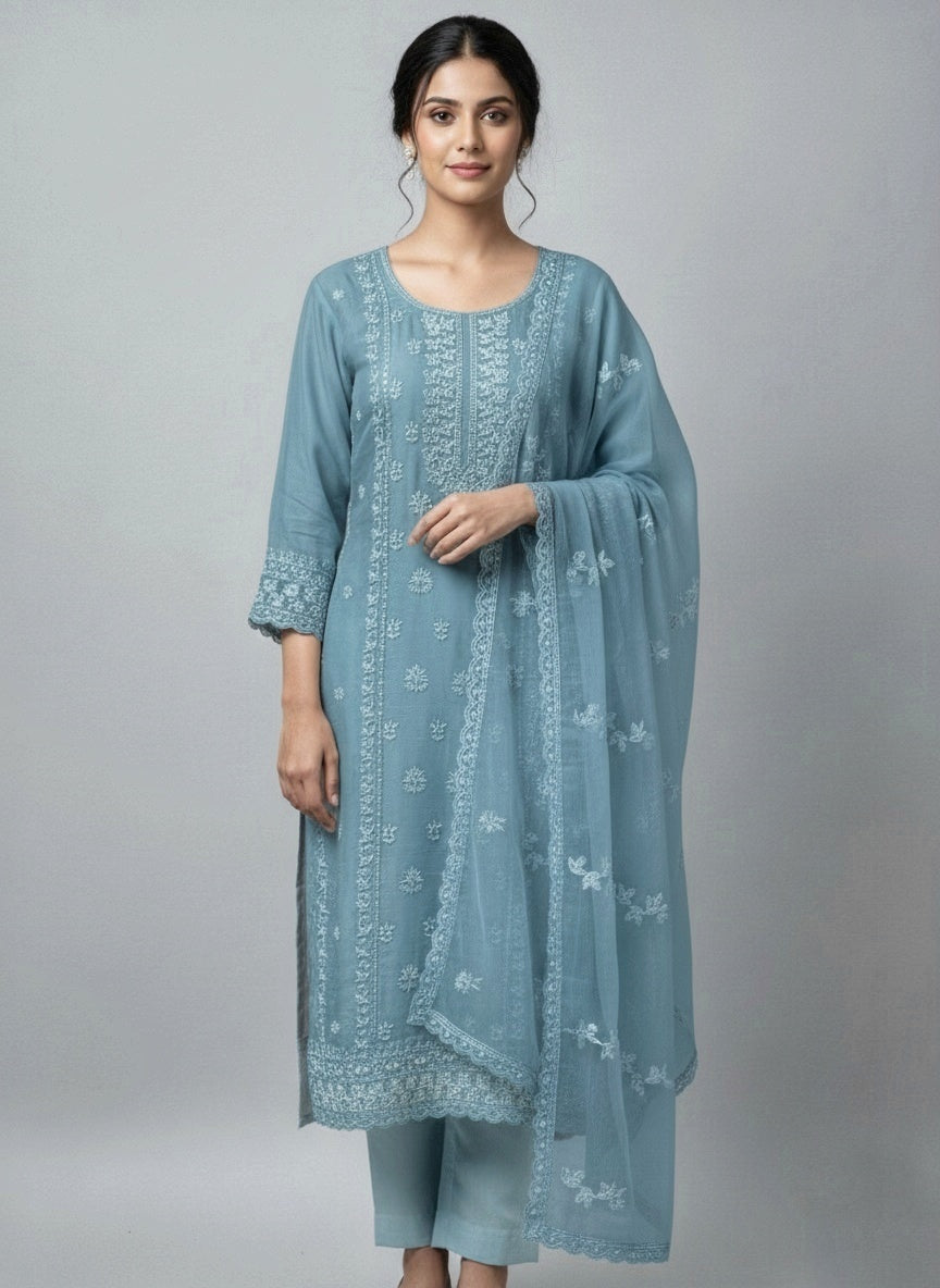 Powder Blue Chiffon Suit with Delicate Thread Embroidery