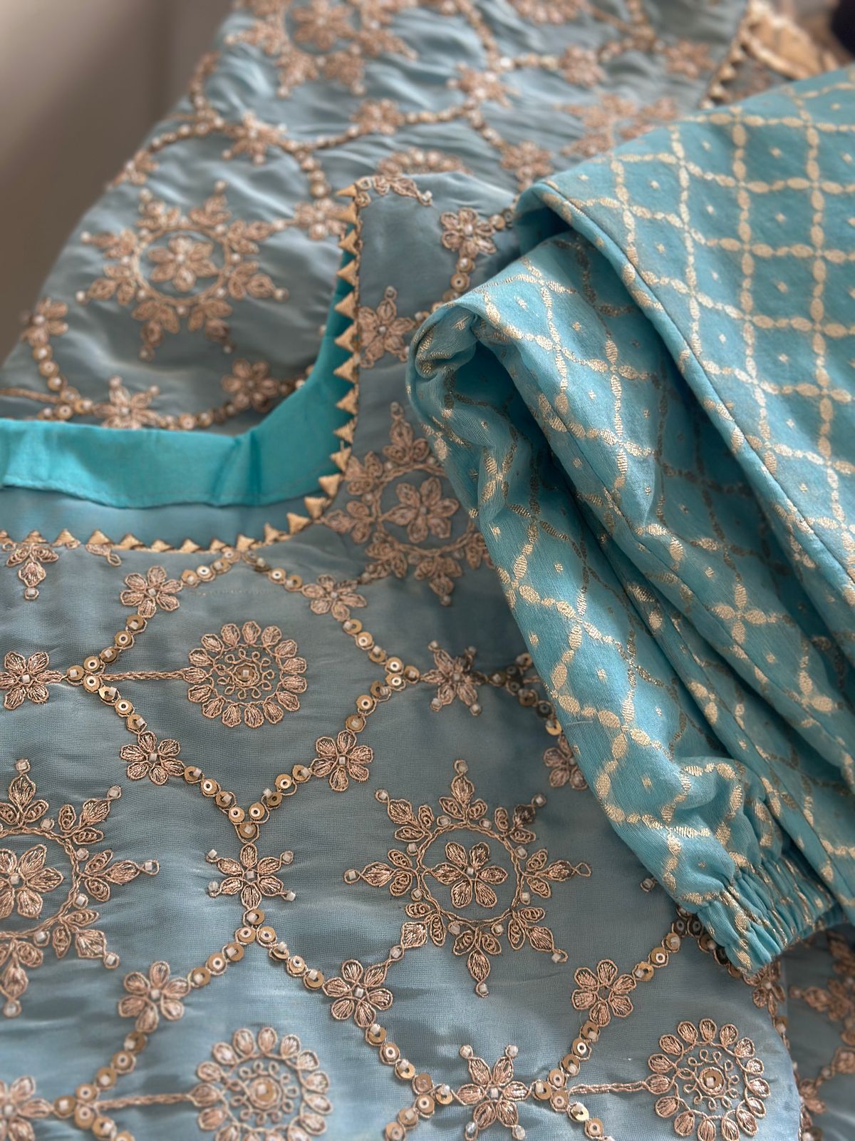 Powder Blue Tissue Suit with Intricate Golden Embroidery