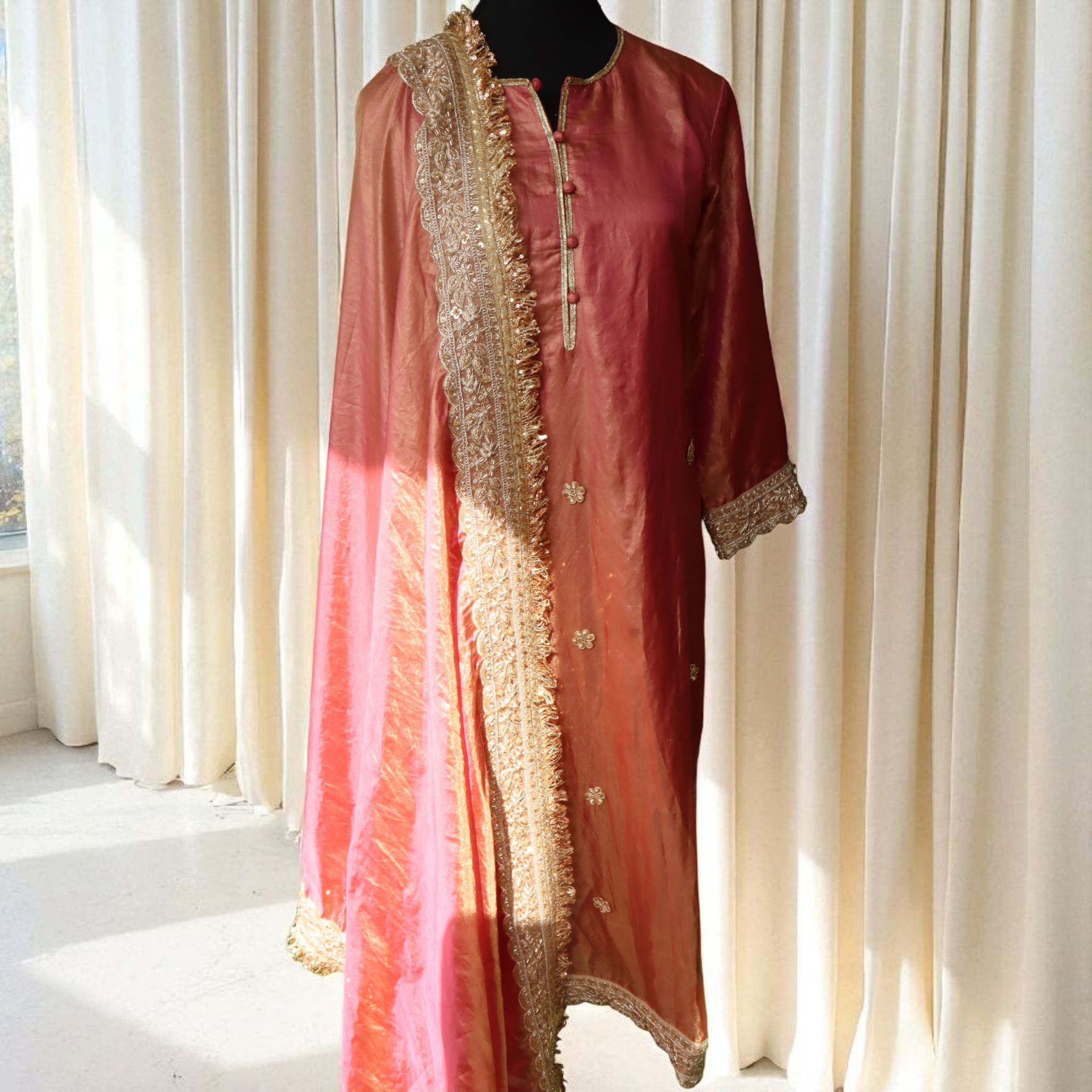 Peach-Pink Tissue Silk Ensemble with Handcrafted Detailing