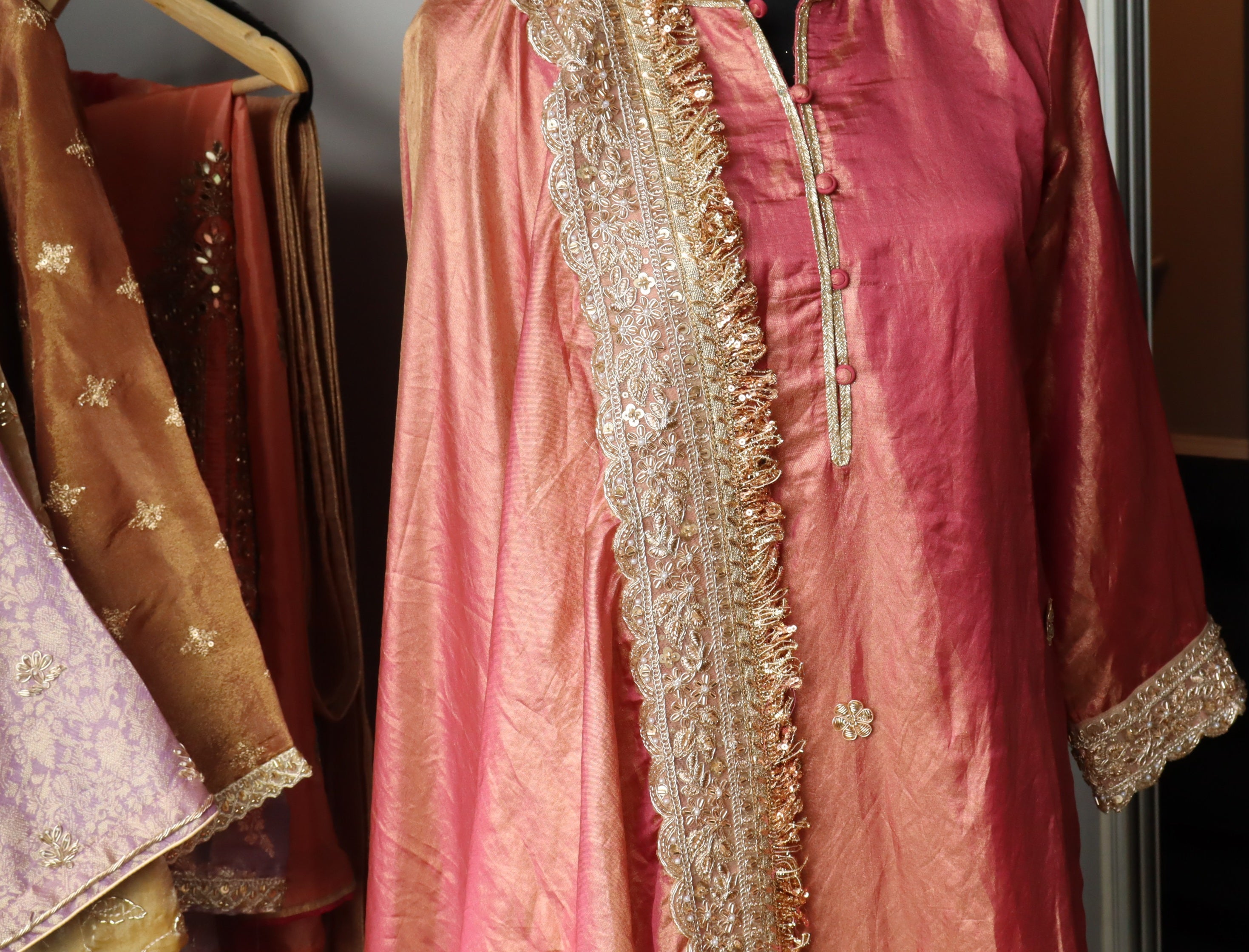 Peach-Pink Tissue Silk Ensemble with Handcrafted Detailing