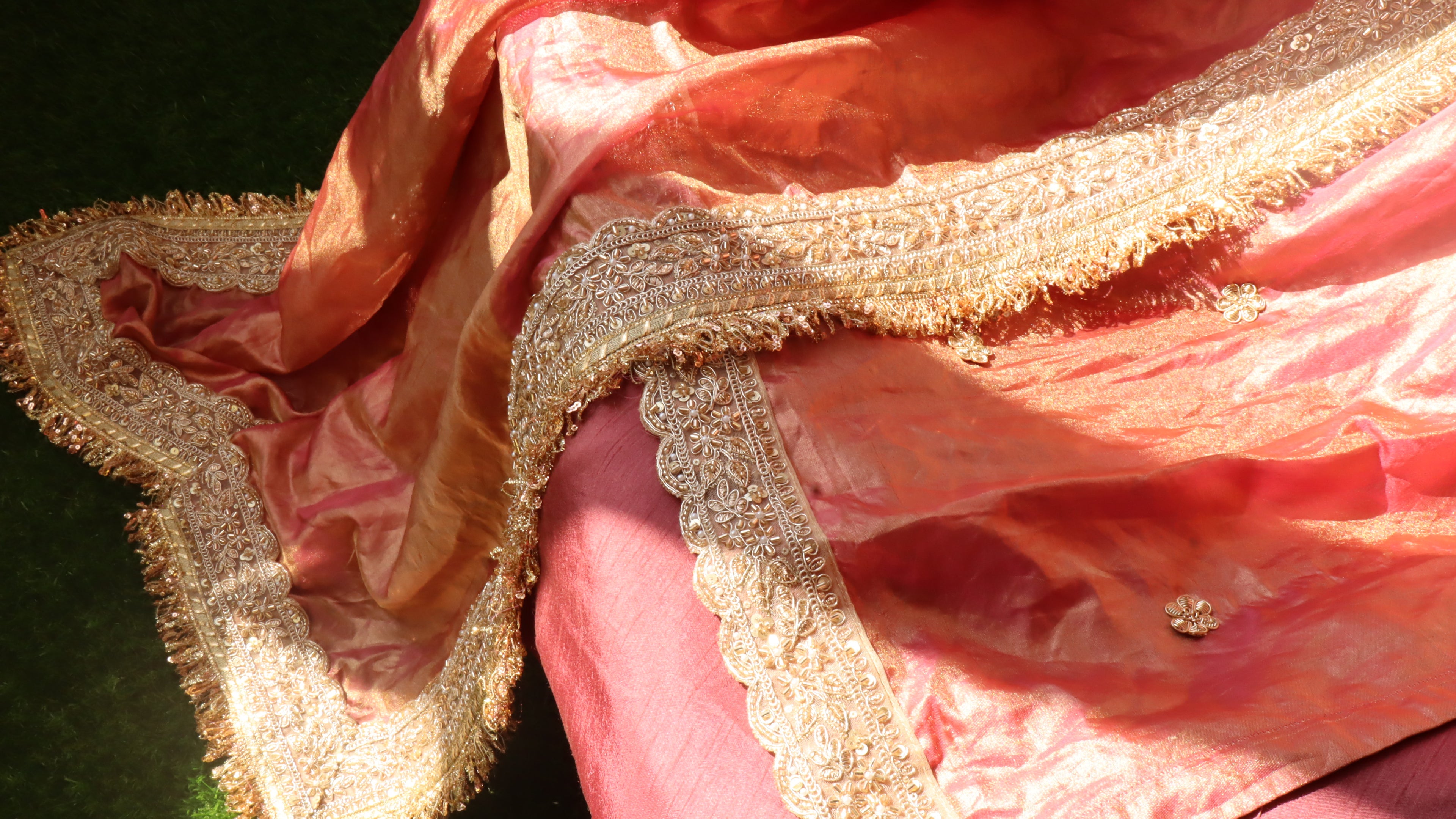 Peach-Pink Tissue Silk Ensemble with Handcrafted Detailing