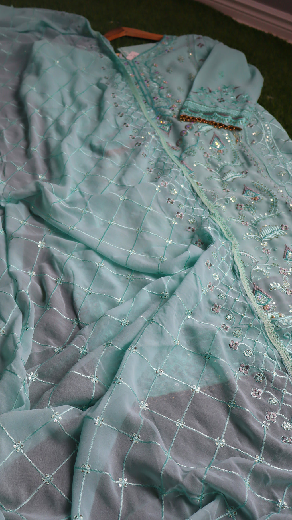 Serene Aqua Embroidered Chiffon Ensemble