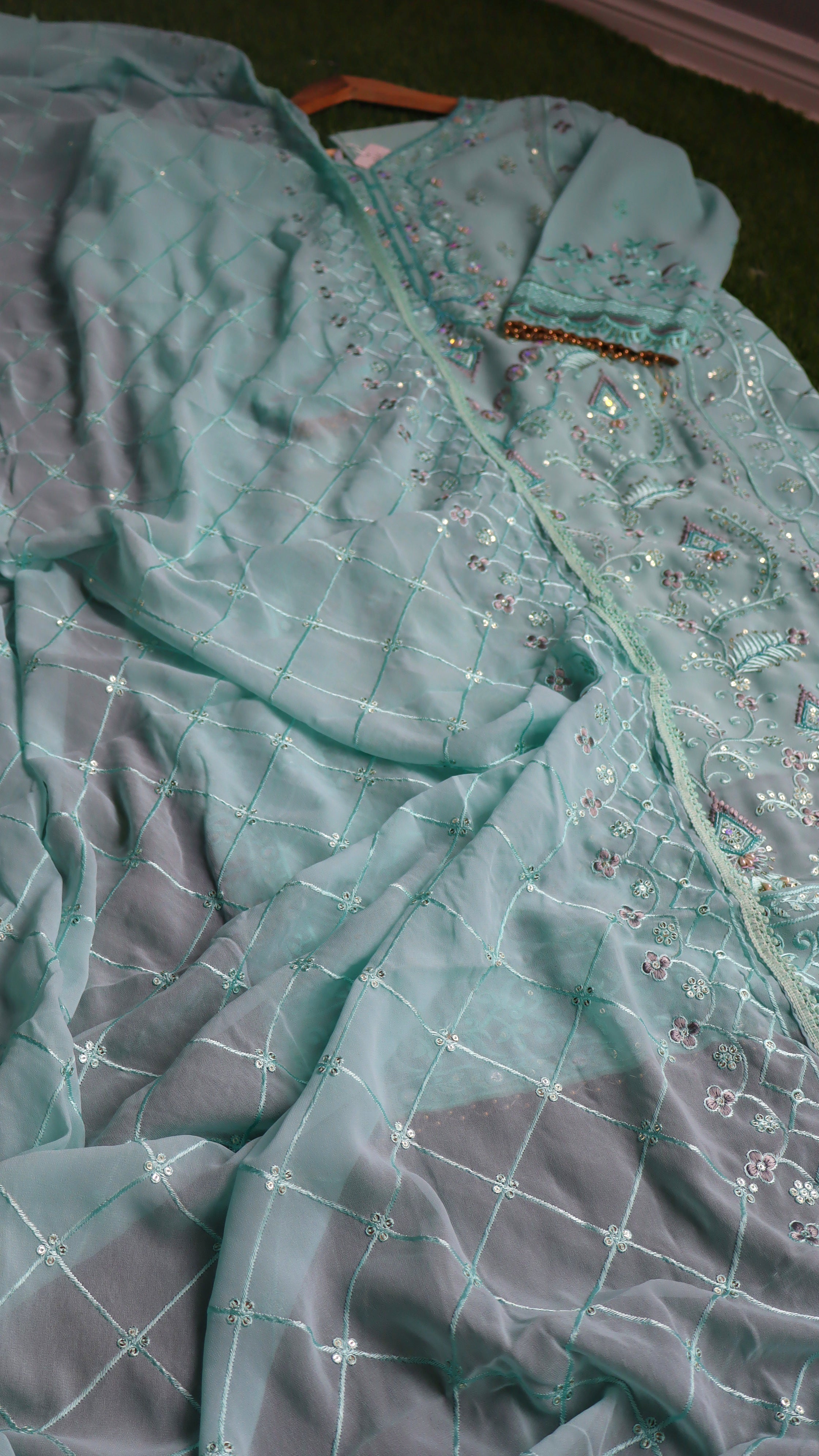 Serene Aqua Embroidered Chiffon Ensemble