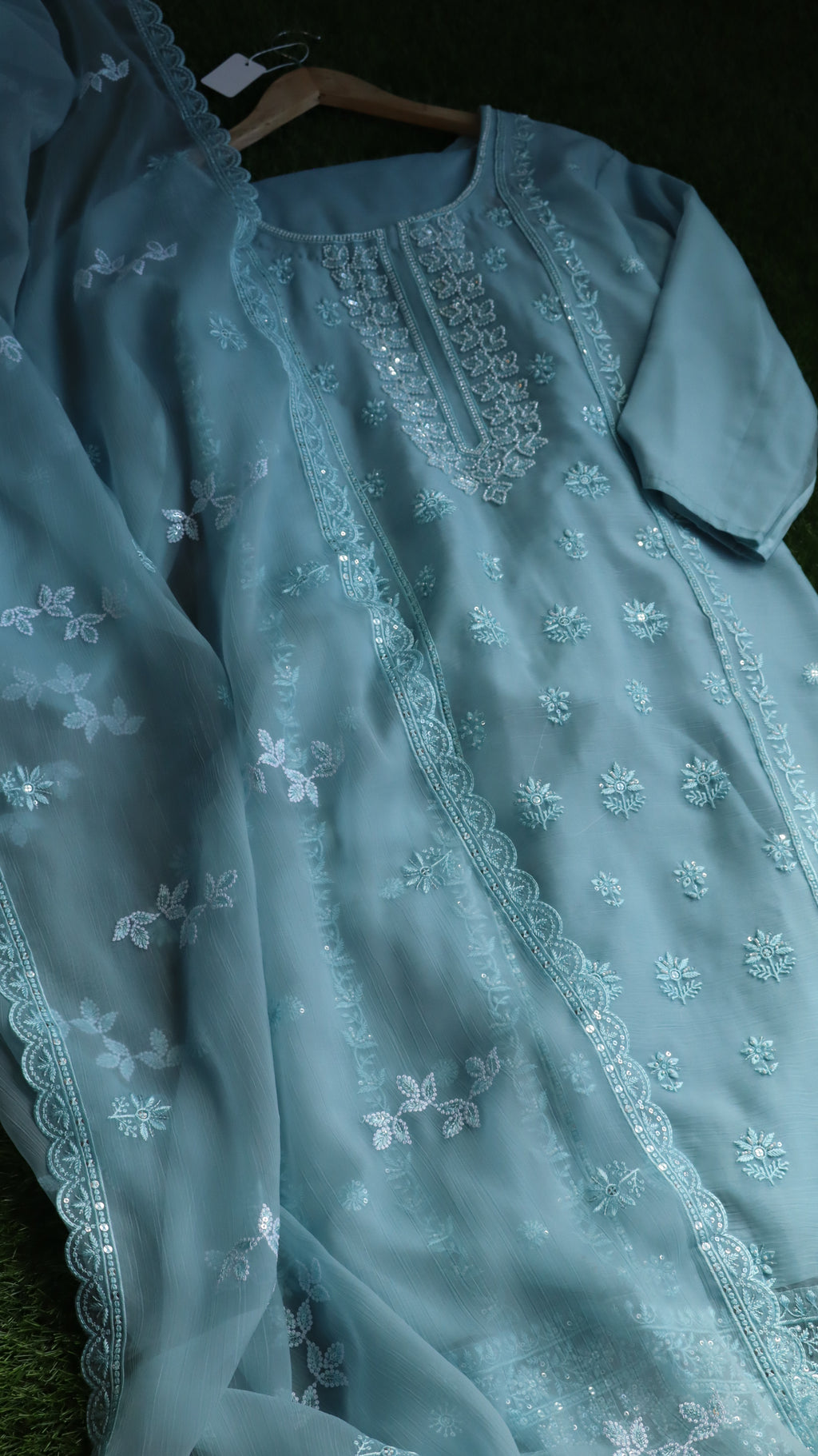 Powder Blue Chiffon Suit with Delicate Thread Embroidery