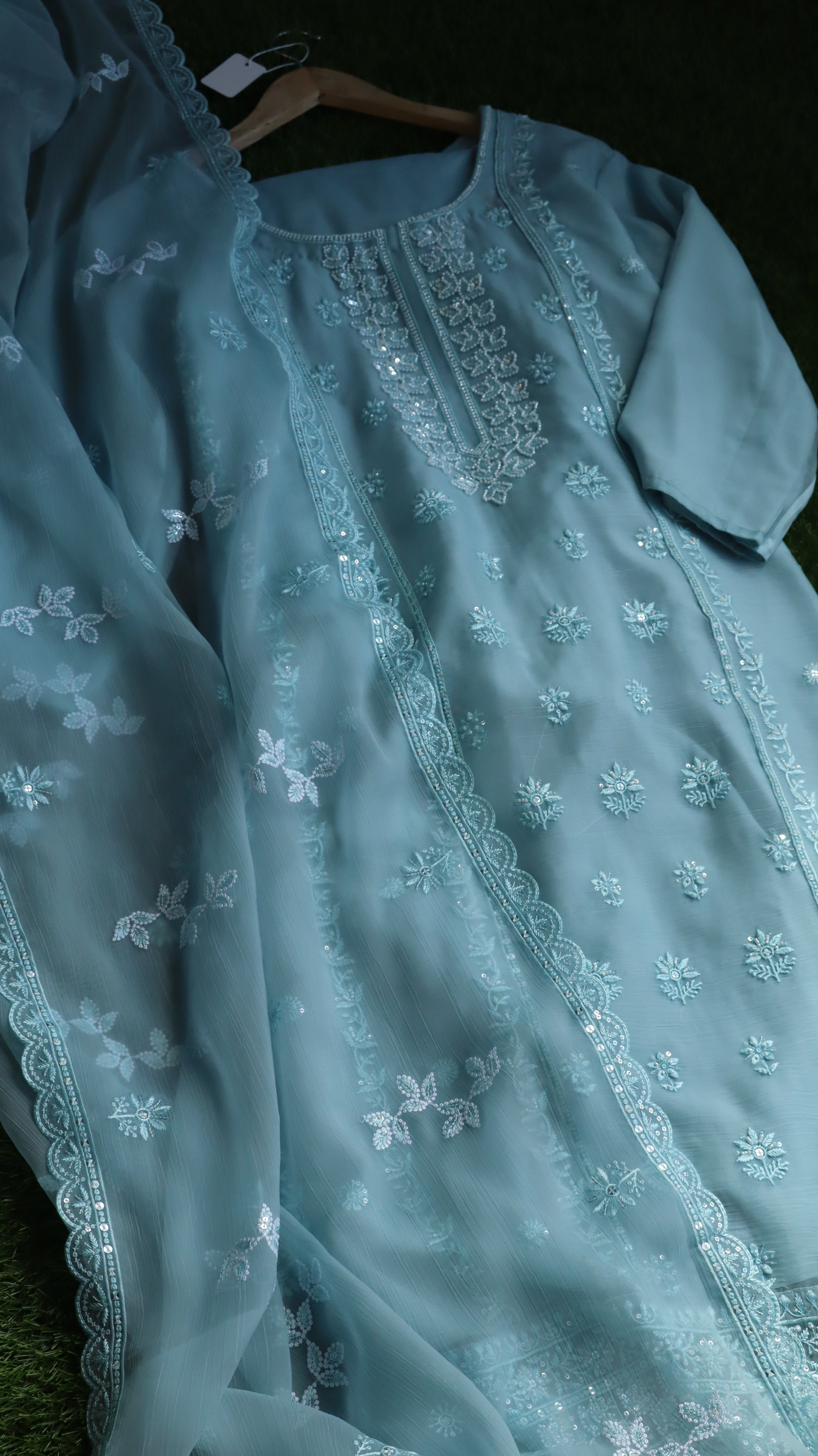 Powder Blue Chiffon Suit with Delicate Thread Embroidery