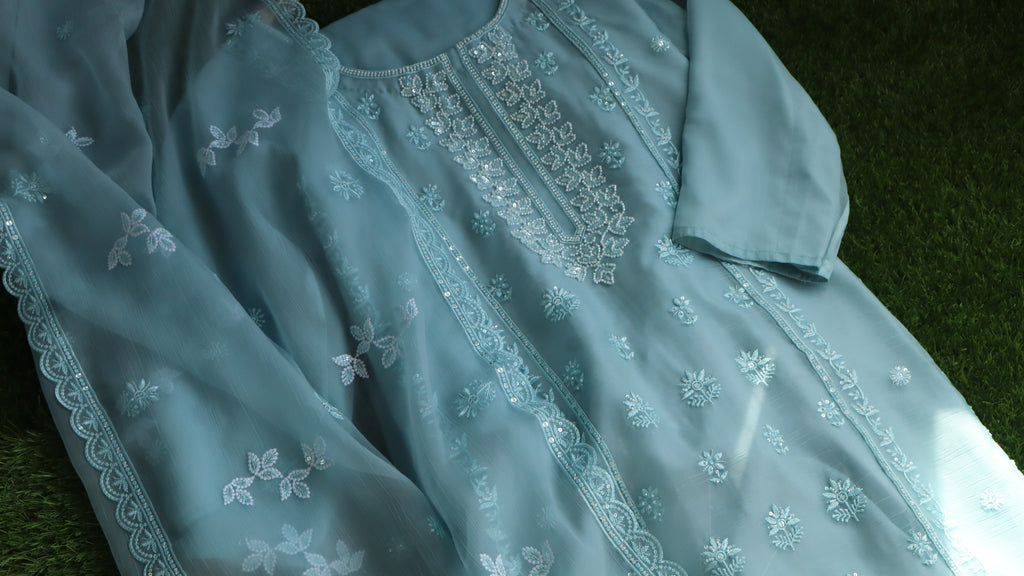 Powder Blue Chiffon Suit with Delicate Thread Embroidery