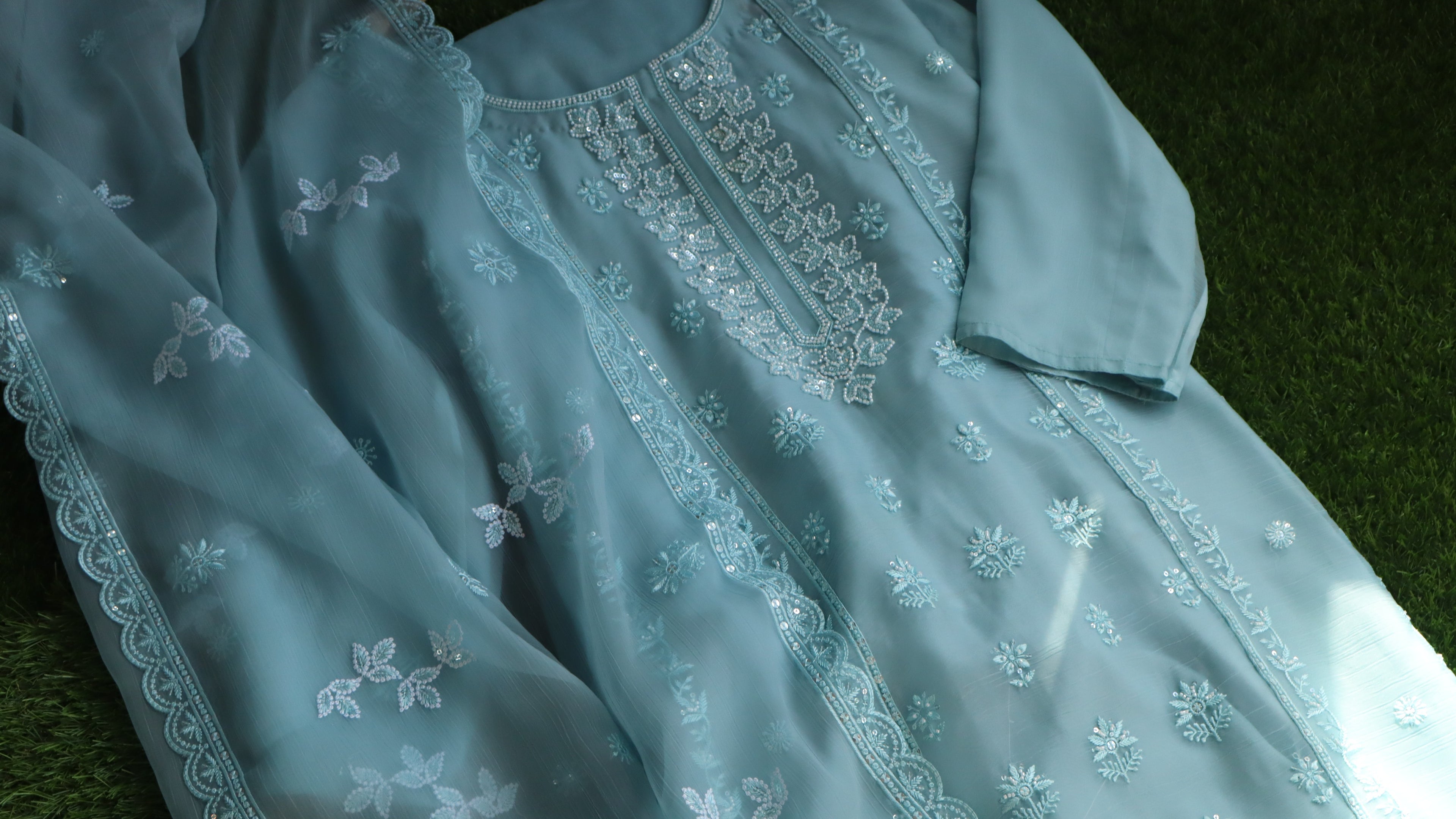 Powder Blue Chiffon Suit with Delicate Thread Embroidery