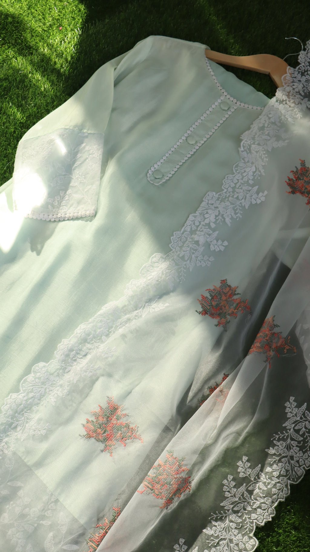 Mint Green Embroidered Semi-Silk Ensemble