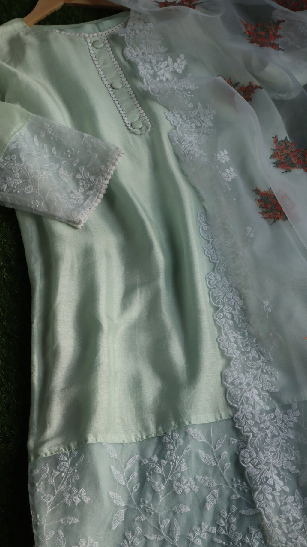 Mint Green Embroidered Semi-Silk Ensemble
