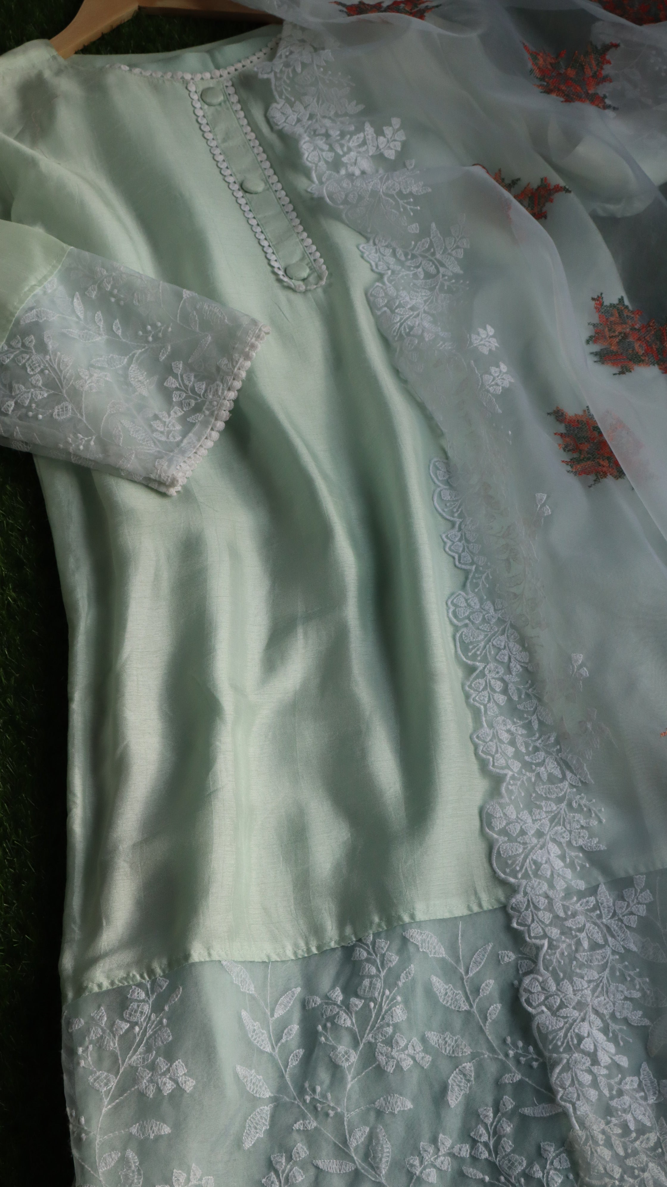 Mint Green Embroidered Semi-Silk Ensemble