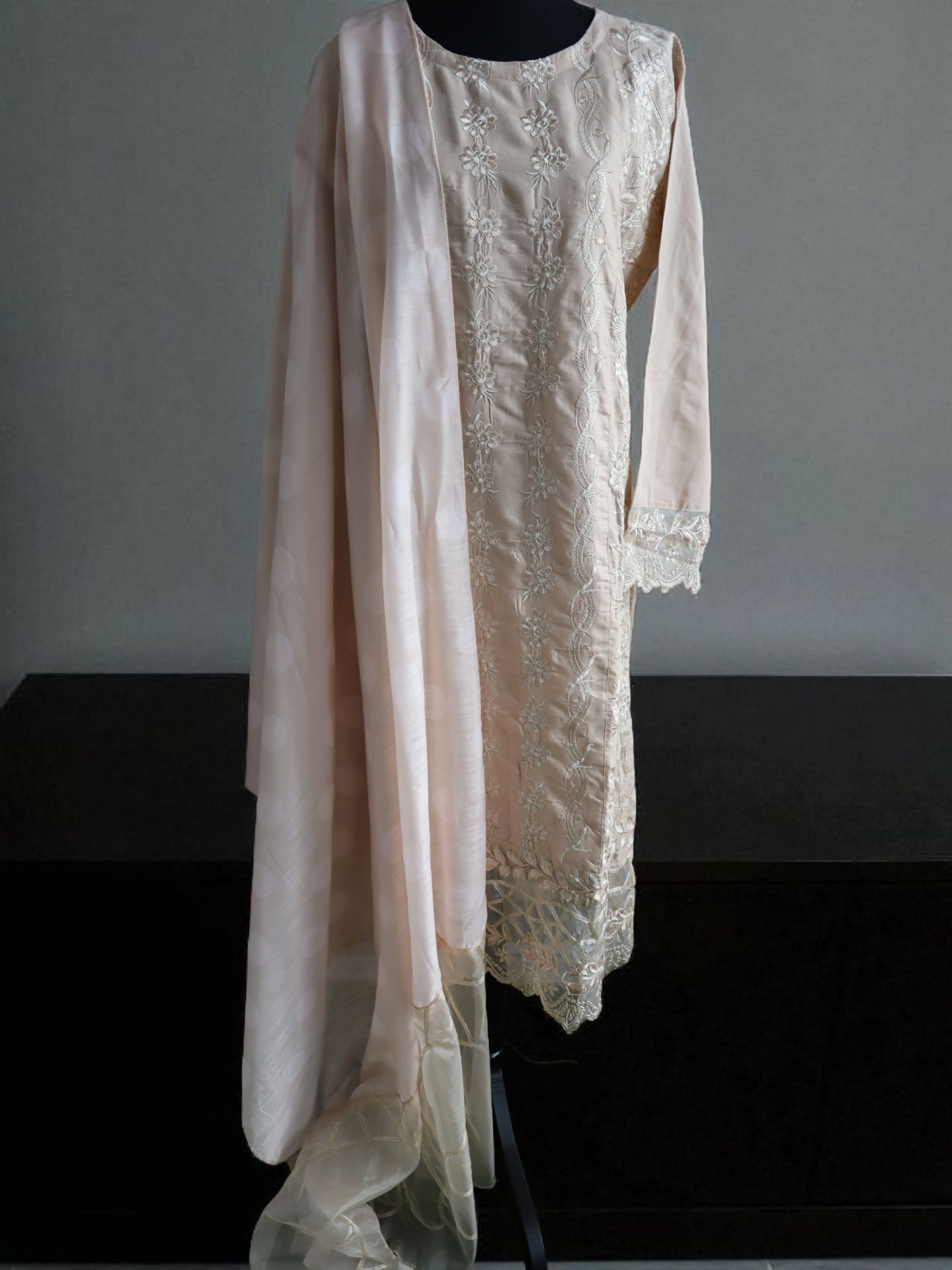 Beige Embroidered Cotton Set