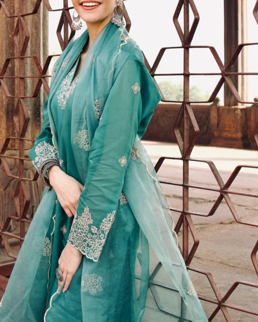 Teal Chanderi Silk Suit with Hand Embroidered Detailing