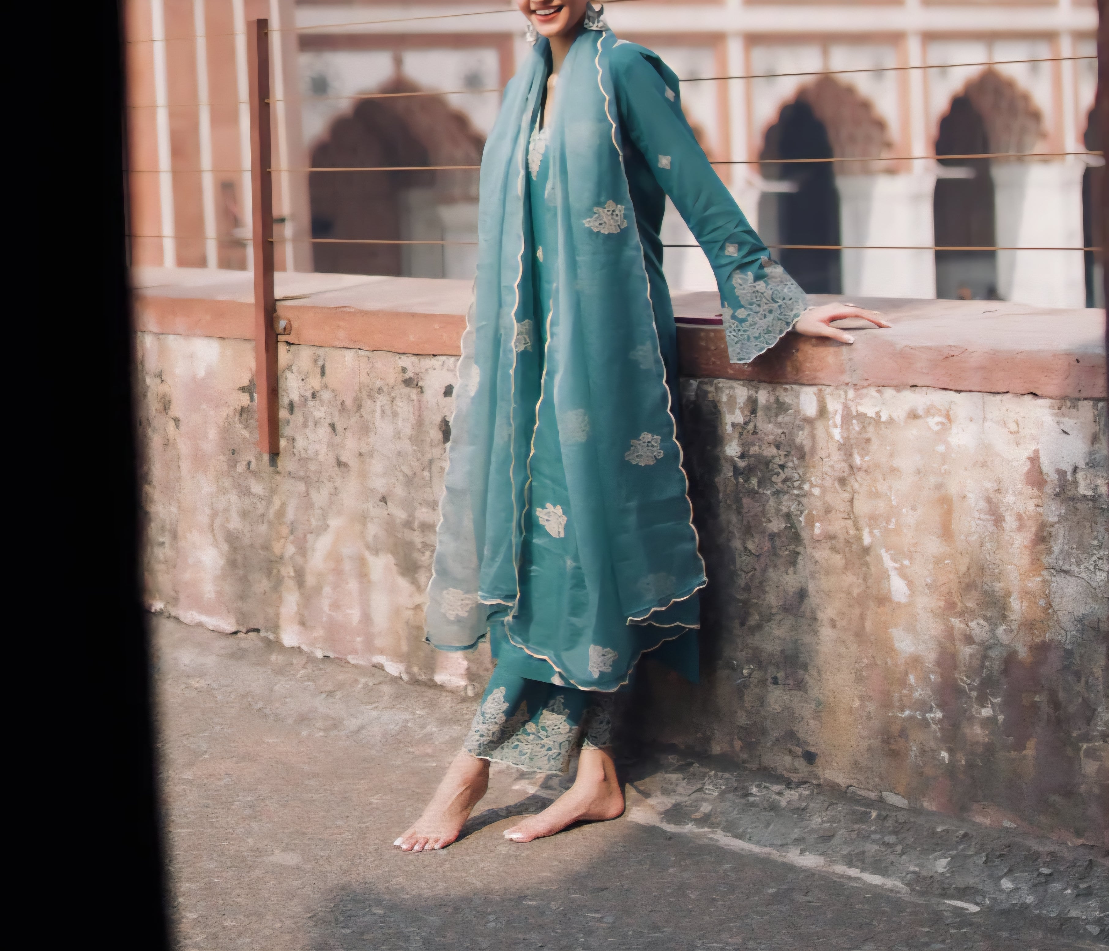 Teal Chanderi Silk Suit with Hand Embroidered Detailing